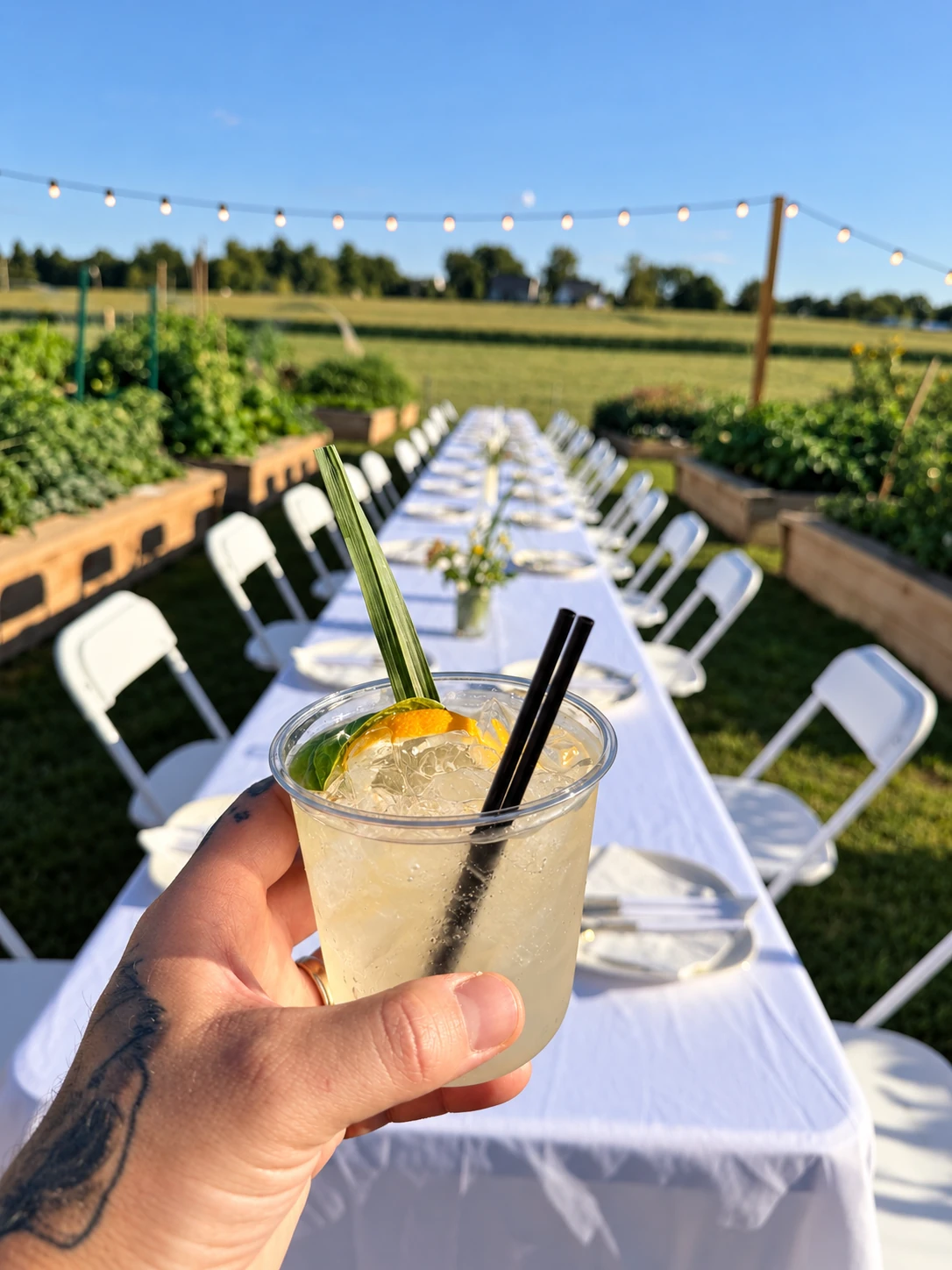 A fresh citrus cocktail raised over a long garden celebration table